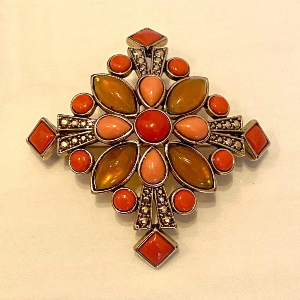 Vintage Large Orange and Gold Stamped Monet Cross Brooch